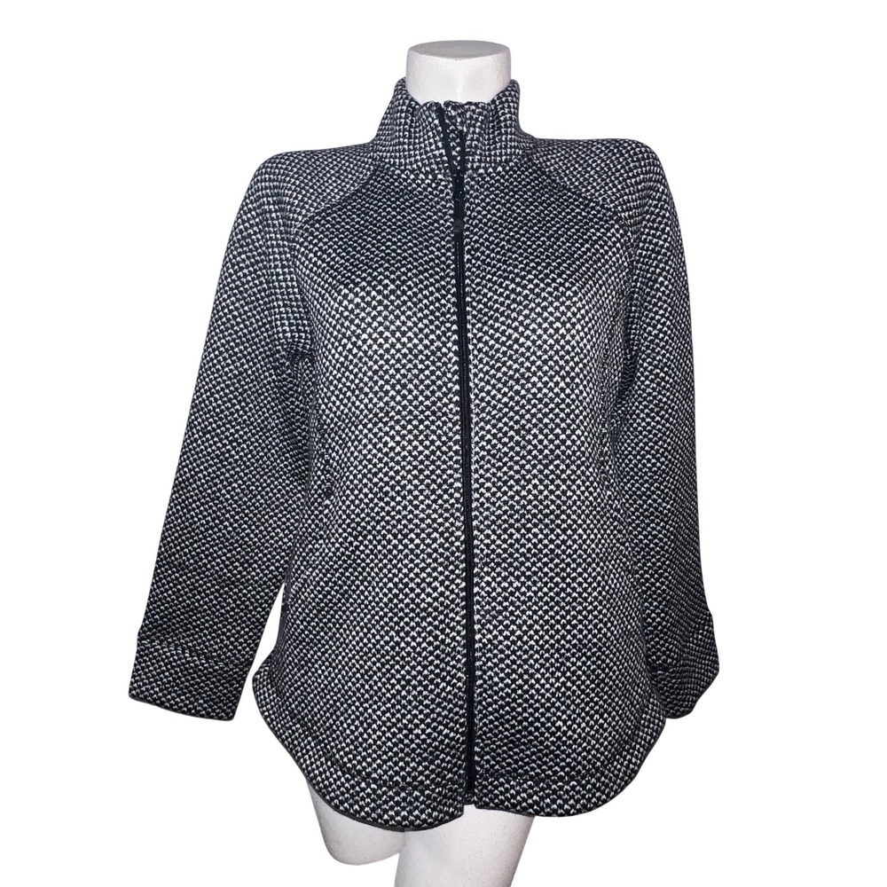 T by Talbots Womens Size LP Black White Textured Knit Full Zip Fleece LS Jacket